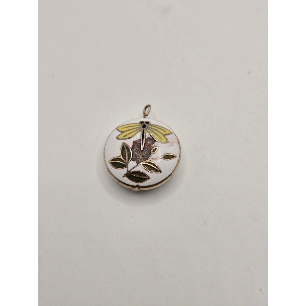 Vintage Cloisonne Enamel Dragonfly Pendant White Gold Tone Round Charm